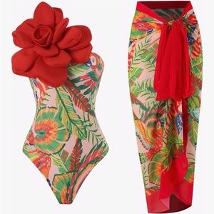 Amazon Red Floral One-Piece Swimsuit with Sarong